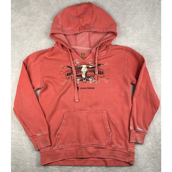 John Deere Tops - John Deere Tractors Hoodie Sweatshirt Women's Size Large Pink Cow Skull Farm